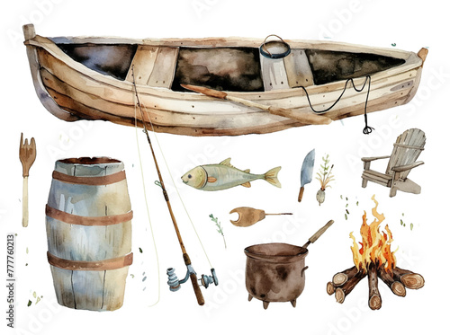 Watercolor fishing set camping and boat icon vector illustration, vintage fishing oil painting photo