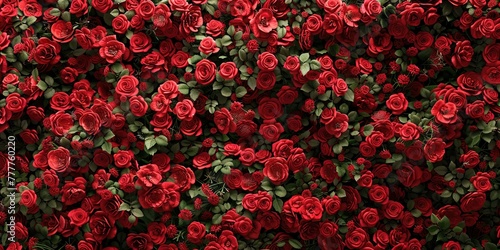 Background of many small red roses, top view, wallpaper, vintage.