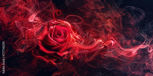 Red rose in a swirl of red smoke on a black background , vintage , beautiful , wallpaper.