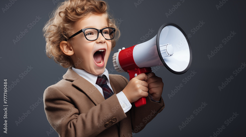 Young Boy Yelling into Megaphone on Grey Background Young Boy Yelling into Megaphone on Grey Background