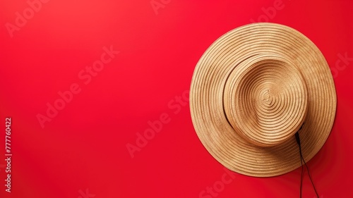 Straw hat with black string against vibrant red background
