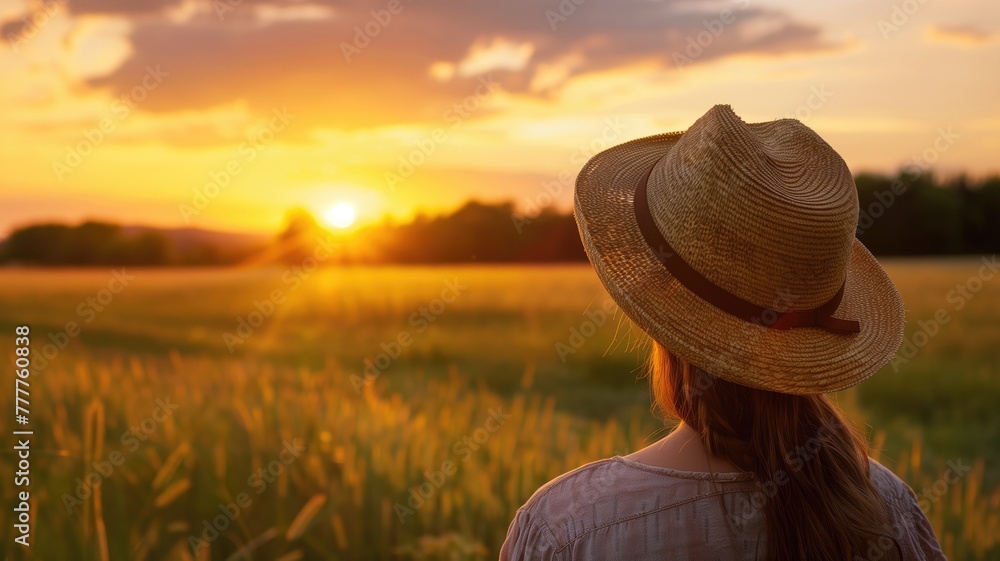 Person wearing straw hat enjoying sunset in golden field