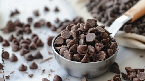 Metal scoop full of chocolate chips in bowl with more scattered around