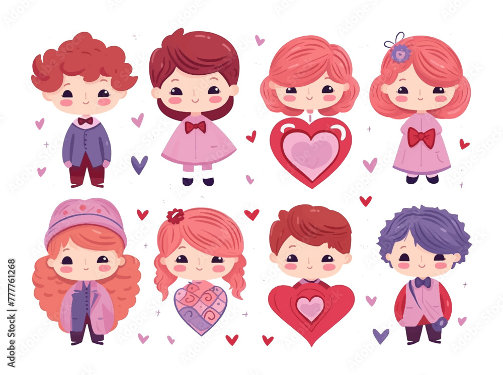 Set of vector illustration cute cartoon of little kids with pink heart balloon. Self love, self care, positive, happiness concept. Set of vector illustration cute cartoon of little kids with pink heart balloon. Self love, self care, positive, happiness concept.