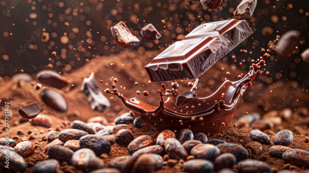 Luxurious Chocolate Pouring Over Cocoa Beans.Tempting Culinary Delight. Luxurious Chocolate Pouring Over Cocoa Beans.Tempting Culinary Delight.