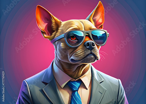 Dog in sunglasses and dapper suit with tie, trendy animal fashion © misho