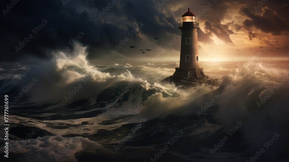 Dramatic seascape illumination: The glowing presence of a lighthouse against a stormy backdrop creates a powerful visual narrative of nature's forces.
