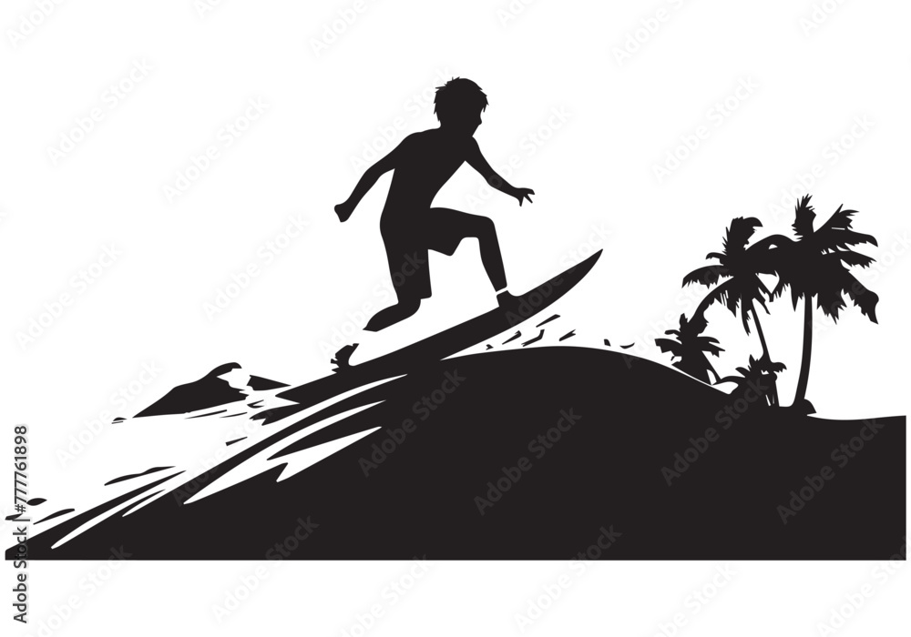 A set of high quality detailed silhouettes of a surfer surfing the waves on his surfboard A set of high quality detailed silhouettes of a surfer surfing the waves on his surfboard