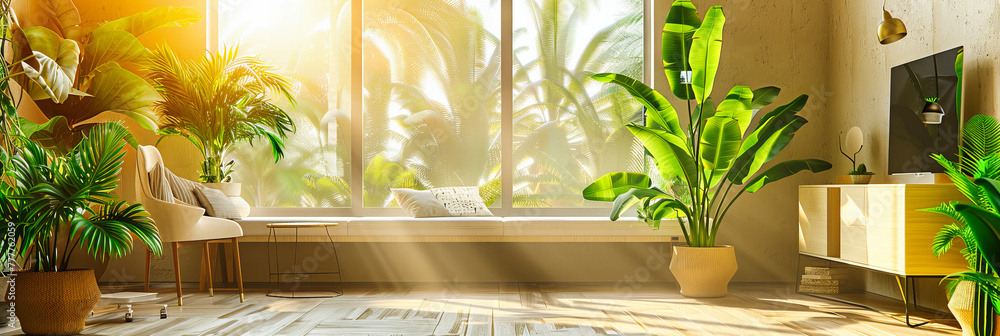 Green Oasis: A Modern Room with Large Windows Overlooking Nature, Bringing the Outdoors Inside for a Fresh Ambiance Green Oasis: A Modern Room with Large Windows Overlooking Nature, Bringing the Outdoors Inside for a Fresh Ambiance