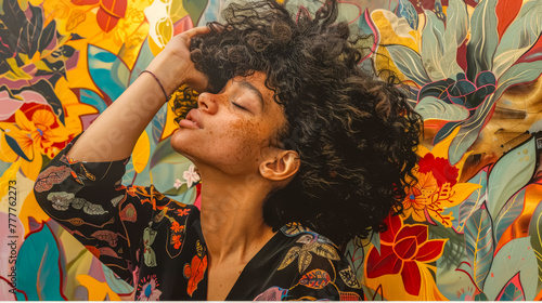 Woman with curly hair posing against floral mural