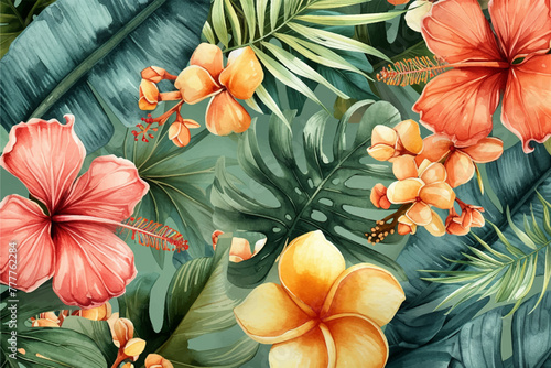Tropical flowers and leaves Wallpaper, Luxury nature leaves seamless pattern vector, Hand drawn colorful summer design for fabric , print, cover, banner and invitation, Vector illustration