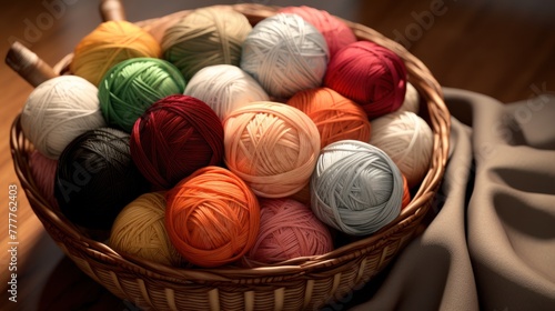 Craft supplies: skeins of colored yarn neatly folded into a wicker basket for art projects.