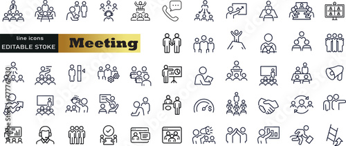 Meeting web icon set in line style. Conference, team, brainstorm, seminar, interview, collection. Vector illustration.