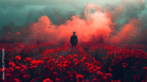 Remembrance Day Tribute: World War I Soldier Amidst Red Poppies - AI Generated Background