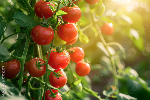 Ripe red cherry tomatoes hang in a cluster from a leafy branch