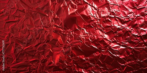 Structure of crumpled glittered leaf, bright red paper, candy wrapper, background, template, wallpaper.