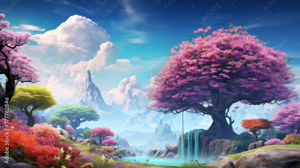 Majestic tree with extraordinary colors amidst a futuristic landscape, a stunning blend of reality and fantasy.