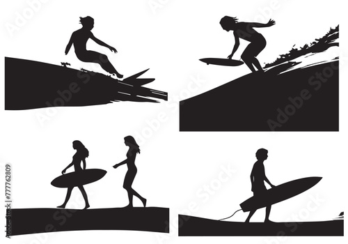A set of high quality detailed silhouettes of a surfer surfing the waves on his surfboard photo
