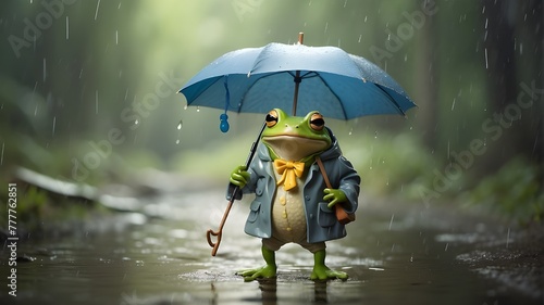 A whimsical frog wearing a tiny raincoat and holding an umbrella, hopping through a puddle-filled forest in the rain.