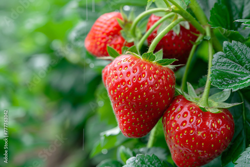 Ripe strawberries scattered in a garden and on grass convey a scene of fresh summer fruits