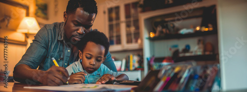 Black African American man is engaged in explaining homework and concepts with his young son at the table in warm lighting. Home online learning. Banner. Copy space photo