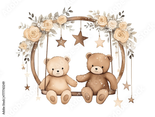 Cute couple watercolor teddy bears with balloon and flowers decoration vector illustrations for birthday party, kids book, sticker, fabric t-shirt, wall art, cover book