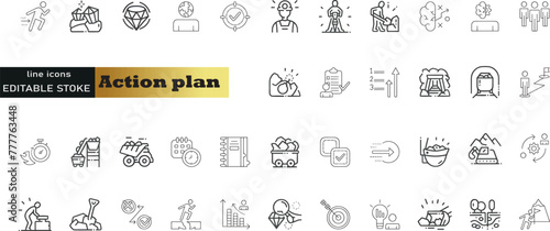 Action plan web icon set in line style. Schedule, plan, implementation, strategy, analysis, collaboration, check, collection. Vector illustration.