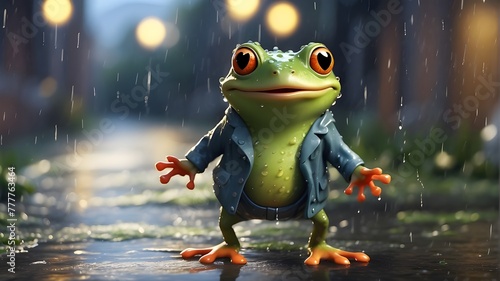 A cartoonish frog with a mischievous grin, dancing in the rain with its webbed feet splashing in the puddles. © Waqasiii_Arts 