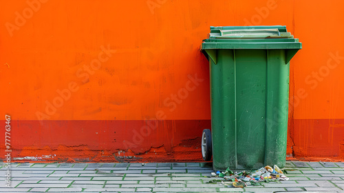 Green garbage can. orange Background, Recycling Garbage Container On Yellow, Generative AI  © Xpert