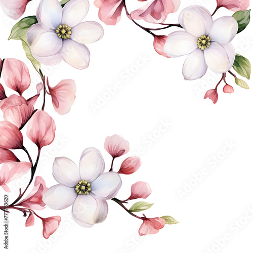 flower watercolor banner, Dogwood flower, isolated on white background, Rustic romantic style, Floral design frame, Can be used for cards, wedding invitations photo