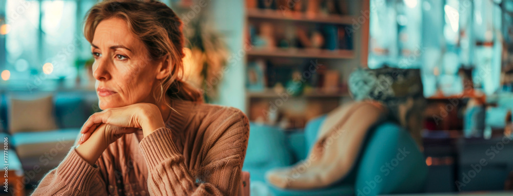 An adult sad drooping woman of 40-50 years old in a beige blouse sits on the sofa in a cozy room. Depressive and apathetic state. Discomfort and sadness. Psychological problems. Banner. Copy space An adult sad drooping woman of 40-50 years old in a beige blouse sits on the sofa in a cozy room. Depressive and apathetic state. Discomfort and sadness. Psychological problems. Banner. Copy space
