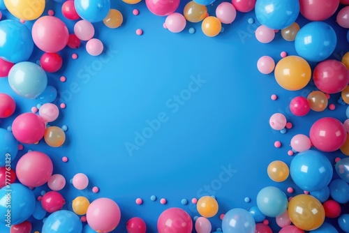 colourful balloons frame on blue background with copy space