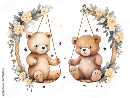 Cute couple watercolor teddy bears with balloon and flowers decoration vector illustrations for birthday party, kids book, sticker, fabric t-shirt, wall art, cover book