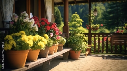 Blooming flowers in pots adorn a sunny terrace  adding a burst of color to the outdoor space.