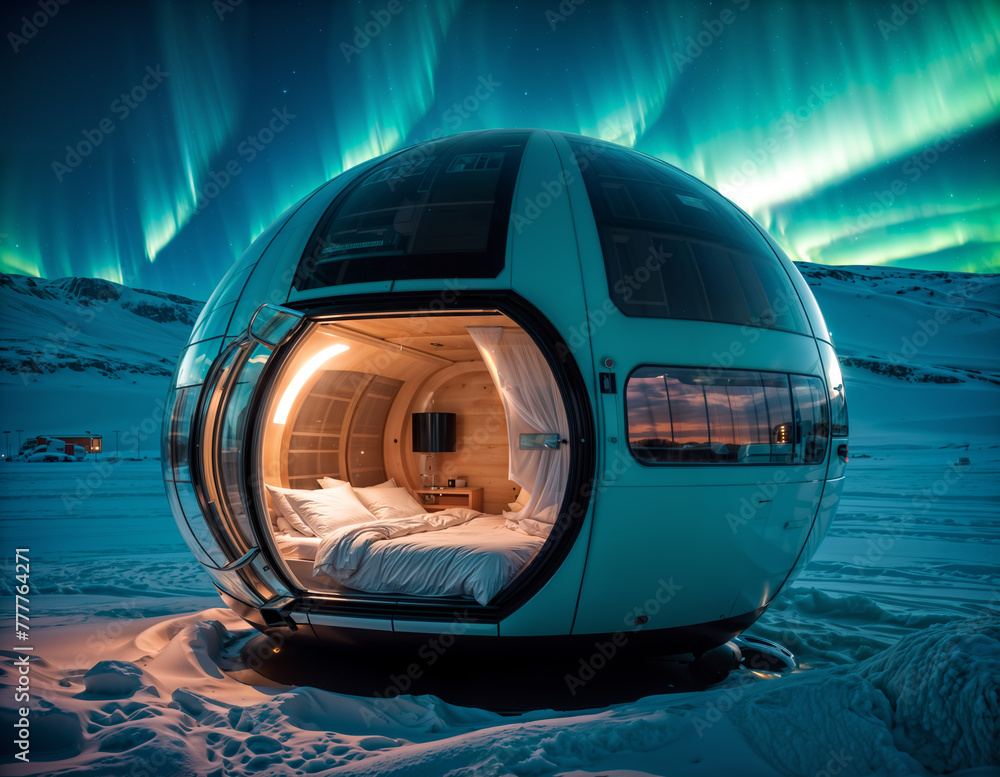Bed beneath northern lights in a tranquil dome setting