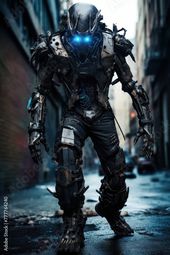 A menacing full-length combat robot, clad in advanced armor, wields powerful weapons in a dark urban environment.