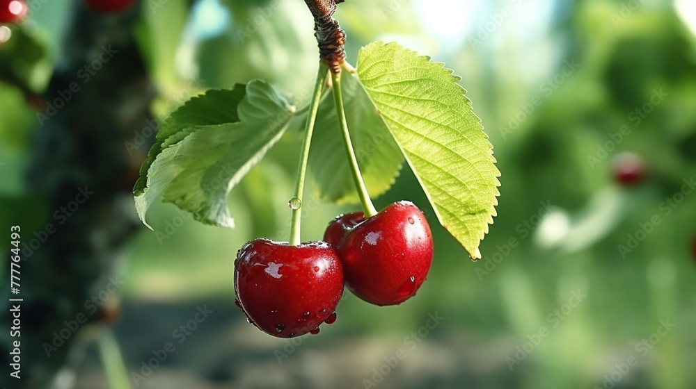 Sweet ripe red cherry on branch on blurred greenery background. Sweet ripe red cherry on branch on blurred greenery background.