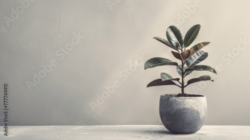 A small plant in a gray pot on top of white table, AI