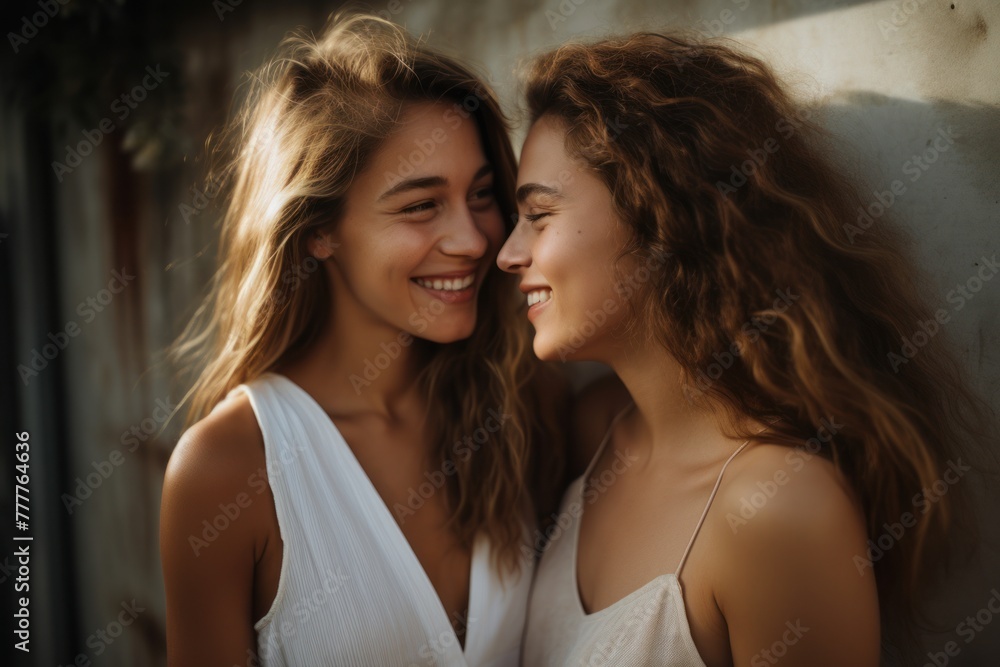 Romantic rendezvous-beautiful girls share a tender moment, their anticipation for a kiss evident in the glowing atmosphere. Concept: love for Valentine's Day and LGBT.