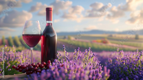 Delicious wine tasting red wine in picturesque vineyard. Blossoming colorful lavender fields on spectacular landscape against cloudily sunset sky. Tastes and aromas of summer. Conscious consumption, photo