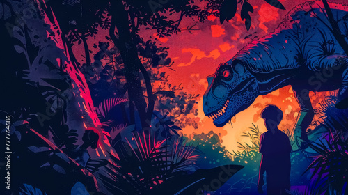 Child encounters dinosaur in vibrant prehistoric jungle
