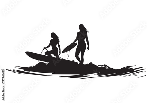 Surfboard riders man woman and child surfing silhouettes vector photo