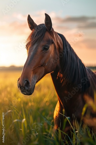 A horse standing in a field of tall grass at sunset. AI. © serg3d