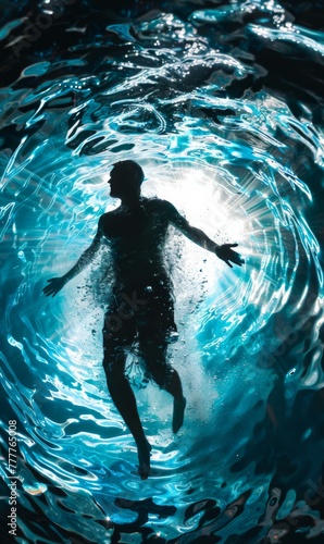 A man swimming in a pool of water with his arms outstretched. Generative AI. © serg3d