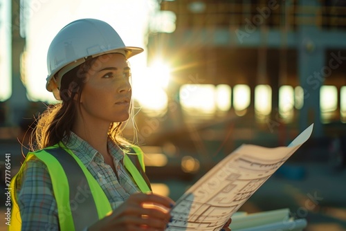 A woman in a hard hat holding up some papers. photo