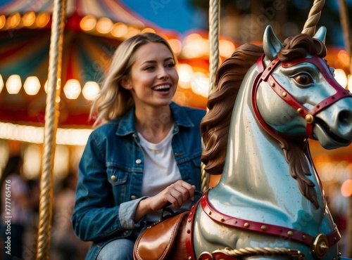 A woman riding a merry go round horse at night. Generative AI.