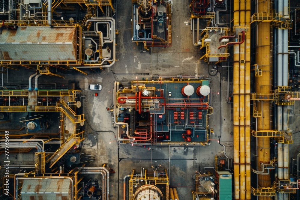 An overhead view of a large industrial facility with pipes and tanks. Generative AI.