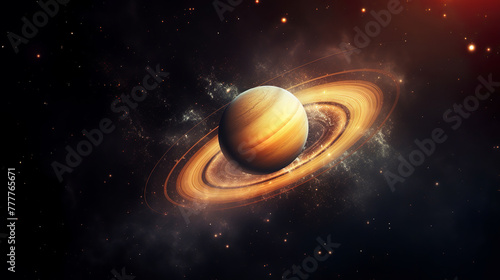 Planet Saturn with rings in space among stardust