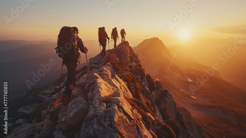 A group of people hiking up a mountain with their backpacks. AI. photo
