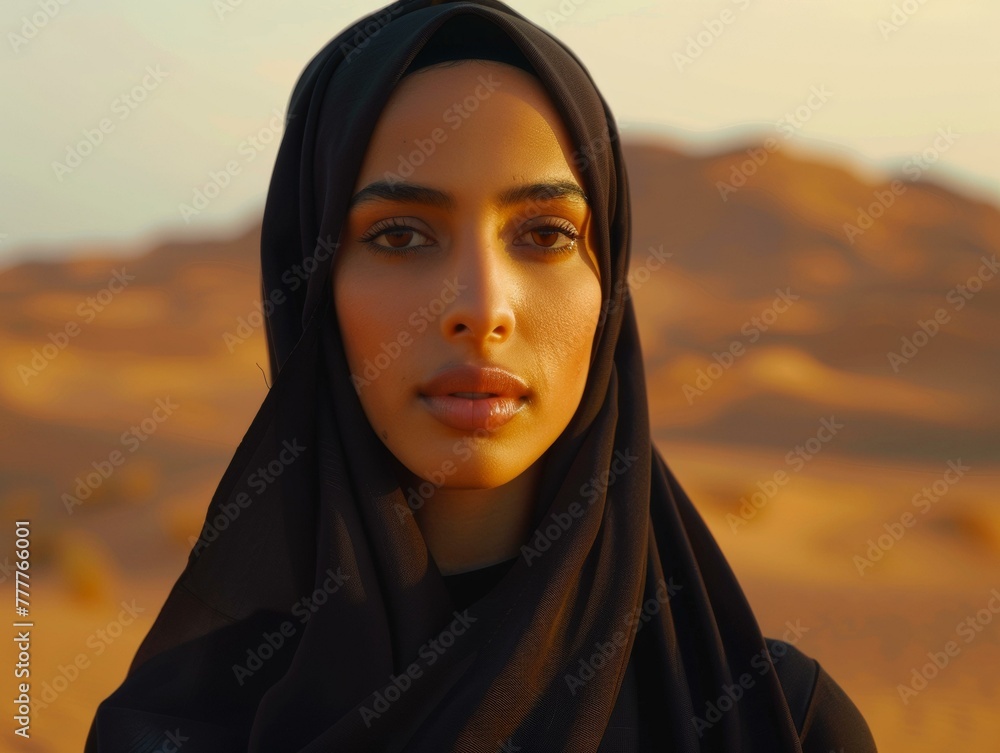 A woman in a black head scarf standing on the desert. Generative AI. A woman in a black head scarf standing on the desert. Generative AI.